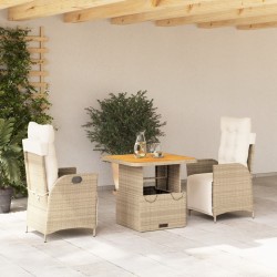 3-tlg. Garten-Essgruppe mit Kissen Beige Poly Rattan