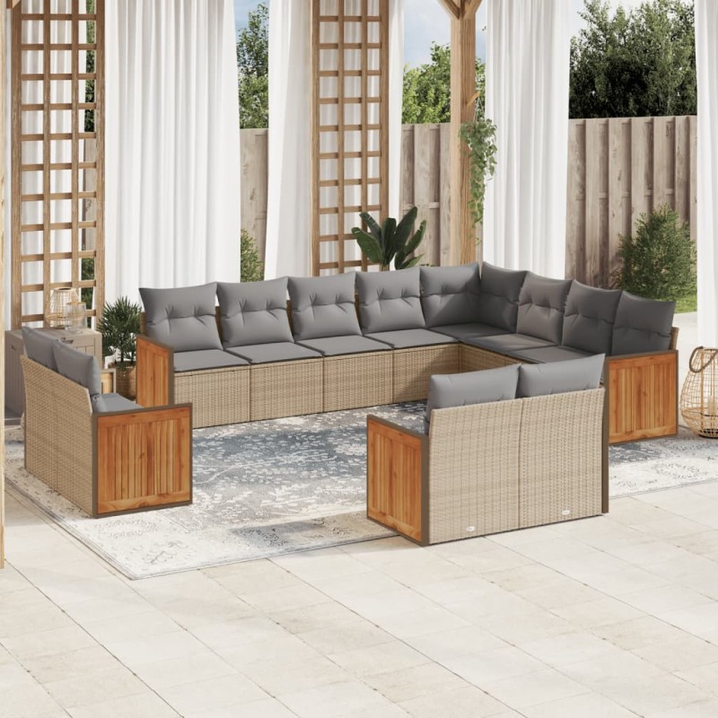 12-tlg. Garten-Sofagarnitur mit Kissen Beige Poly Rattan