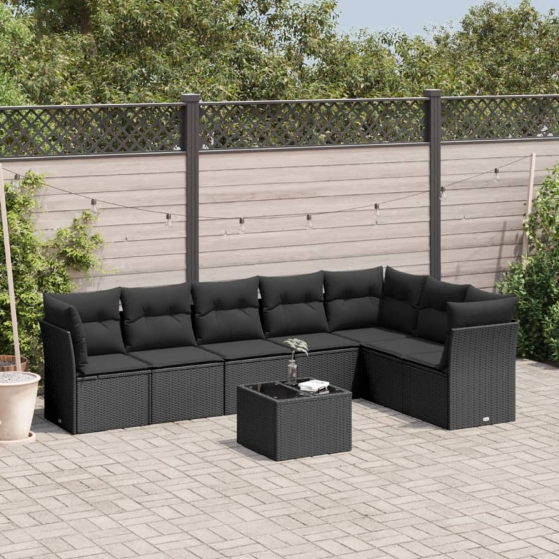 8-tlg. Garten-Sofagarnitur mit Kissen Schwarz Poly Rattan