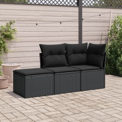 3-tlg. Garten-Sofagarnitur mit Kissen Schwarz Poly Rattan