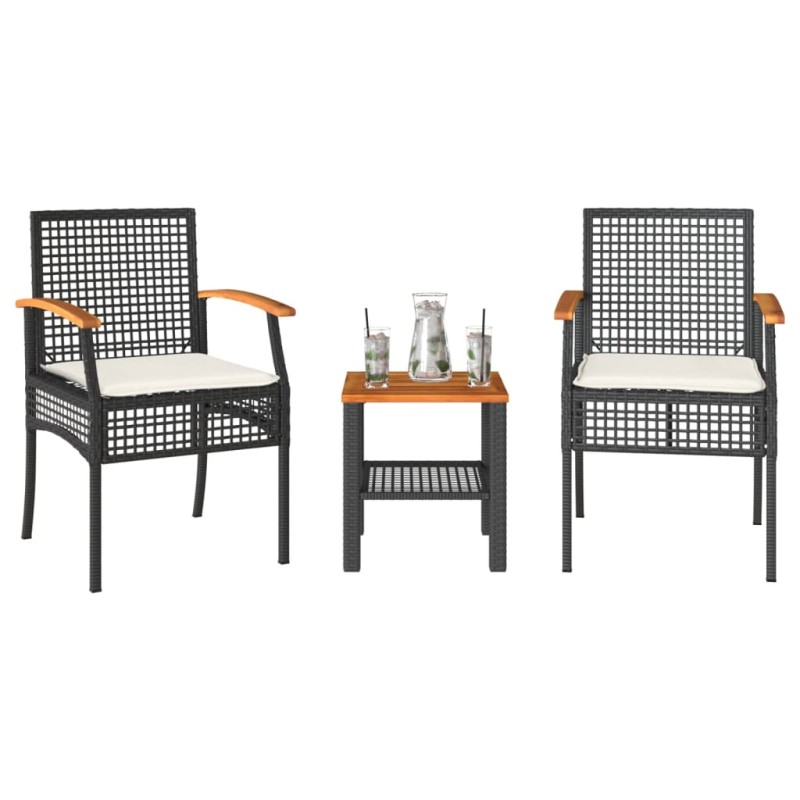 3-tlg. Bistro-Set mit Kissen Schwarz Poly Rattan Akazienholz