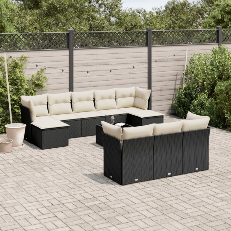 11-tlg. Garten-Sofagarnitur mit Kissen Schwarz Poly Rattan