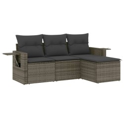 4-tlg. Garten-Sofagarnitur mit Kissen Grau Poly Rattan