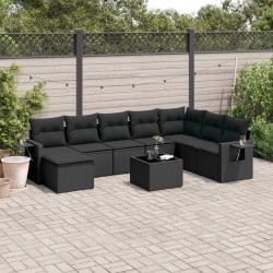 9-tlg. Garten-Sofagarnitur mit Kissen Schwarz Poly Rattan