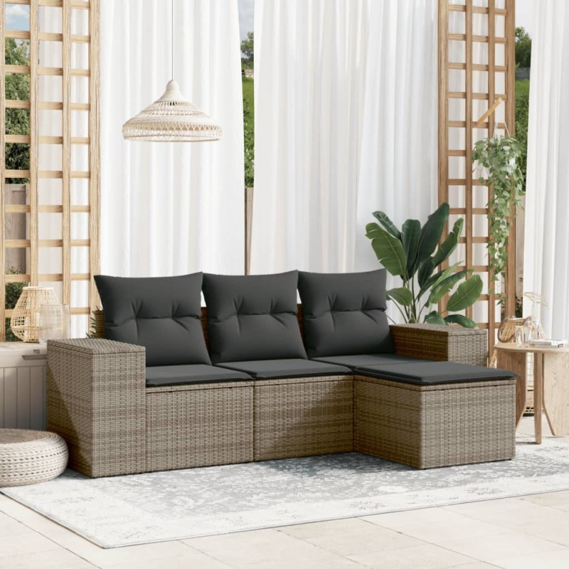 4-tlg. Garten-Sofagarnitur mit Kissen Grau Poly Rattan