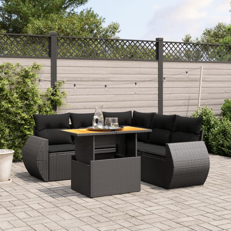 6-tlg. Garten-Sofagarnitur mit Kissen Schwarz Poly Rattan