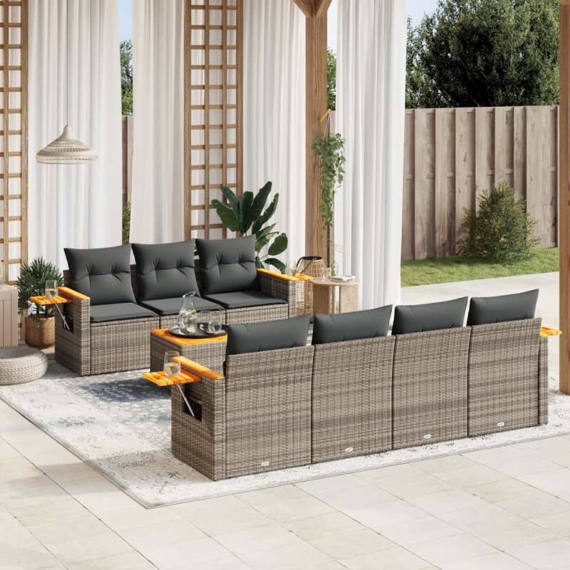 8-tlg. Garten-Sofagarnitur mit Kissen Grau Poly Rattan