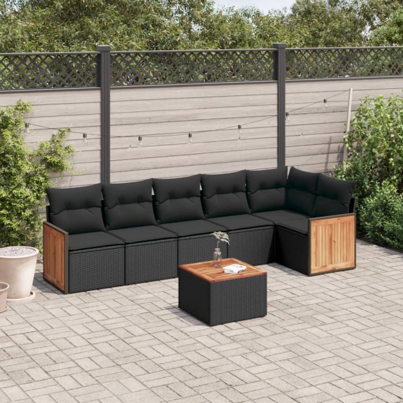 7-tlg. Garten-Sofagarnitur mit Kissen Schwarz Poly Rattan