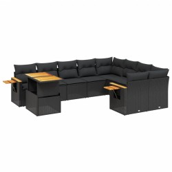 10-tlg. Garten-Sofagarnitur mit Kissen Schwarz Poly Rattan