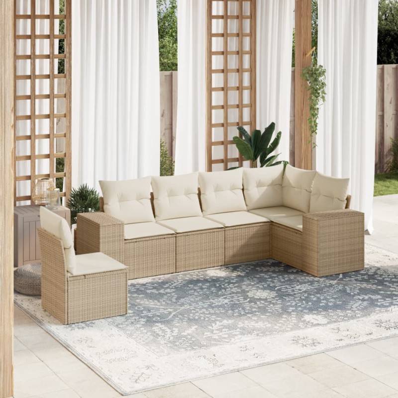 6-tlg. Garten-Sofagarnitur mit Kissen Beige Poly Rattan