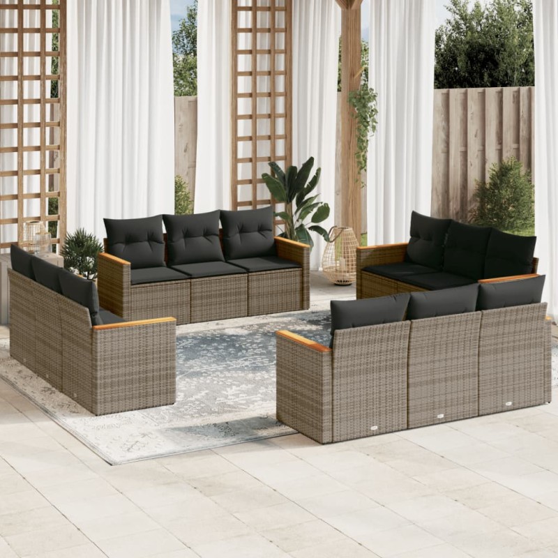 12-tlg. Garten-Sofagarnitur mit Kissen Grau Poly Rattan