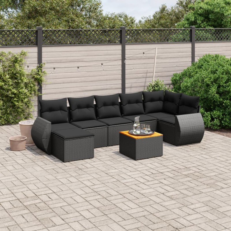 8-tlg. Garten-Sofagarnitur mit Kissen Schwarz Poly Rattan