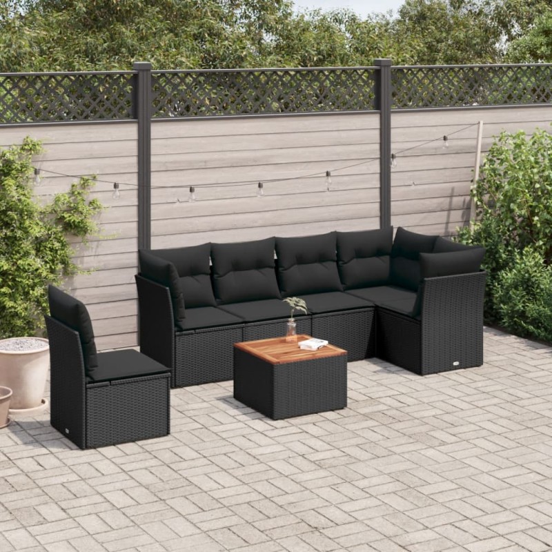 7-tlg. Garten-Sofagarnitur mit Kissen Schwarz Poly Rattan