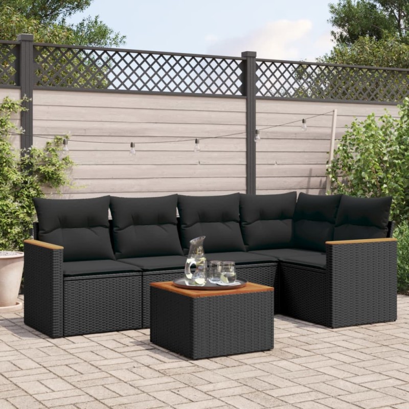 6-tlg. Garten-Sofagarnitur mit Kissen Schwarz Poly Rattan