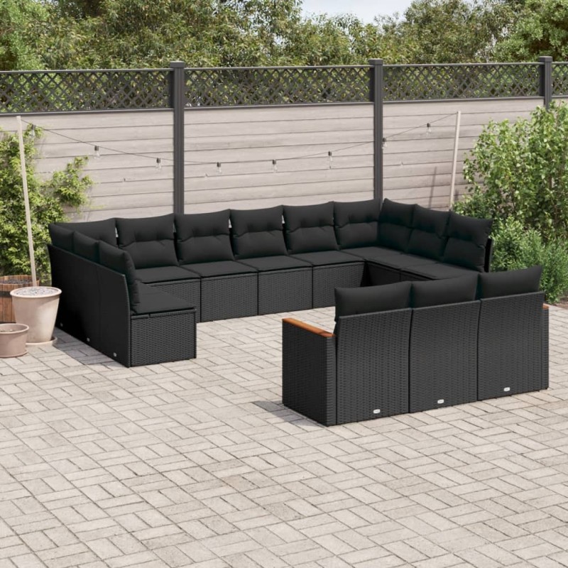 13-tlg. Garten-Sofagarnitur mit Kissen Schwarz Poly Rattan