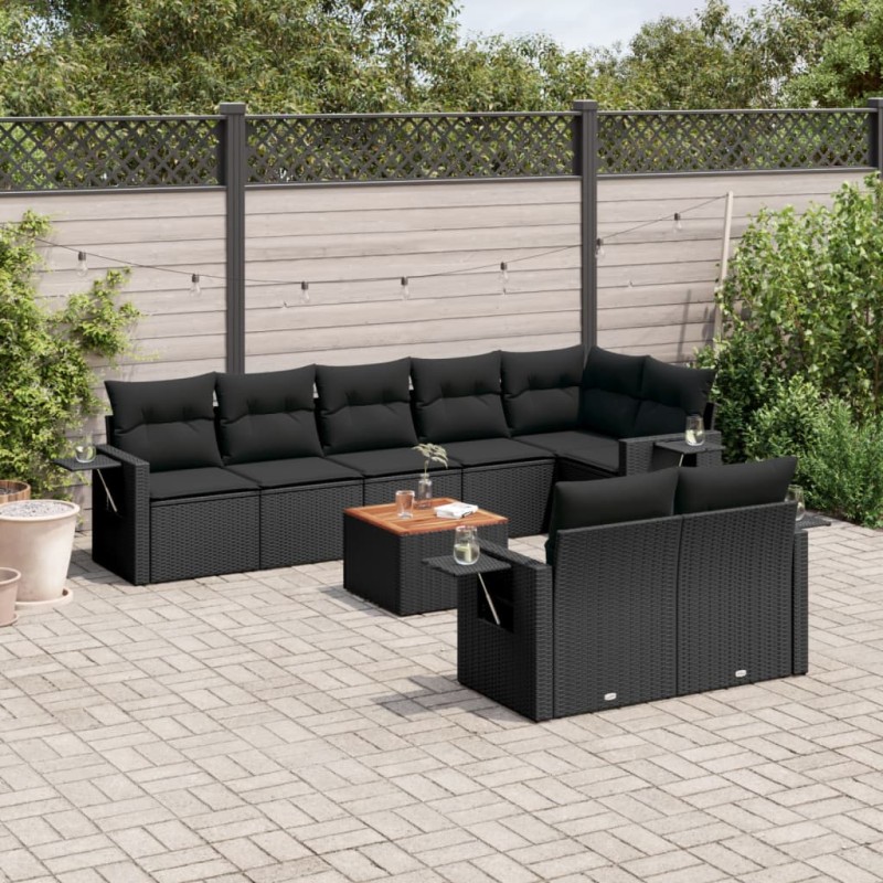 9-tlg. Garten-Sofagarnitur mit Kissen Schwarz Poly Rattan