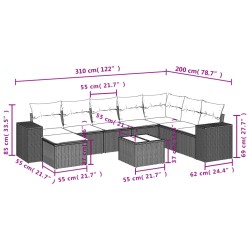 9-tlg. Garten-Sofagarnitur mit Kissen Grau Poly Rattan