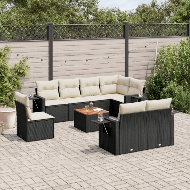 9-tlg. Garten-Sofagarnitur mit Kissen Schwarz Poly Rattan