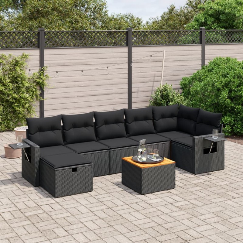 8-tlg. Garten-Sofagarnitur mit Kissen Schwarz Poly Rattan