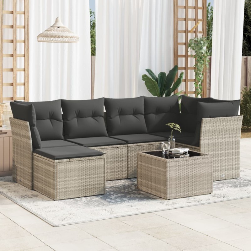 7-tlg. Garten-Sofagarnitur mit Kissen Hellgrau Poly Rattan