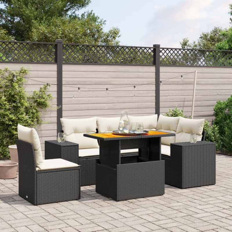 6-tlg. Garten-Sofagarnitur mit Kissen Schwarz Poly Rattan