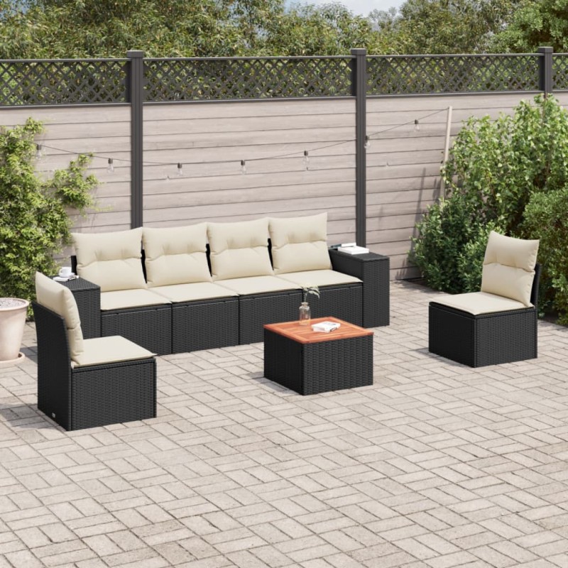 7-tlg. Garten-Sofagarnitur mit Kissen Schwarz Poly Rattan