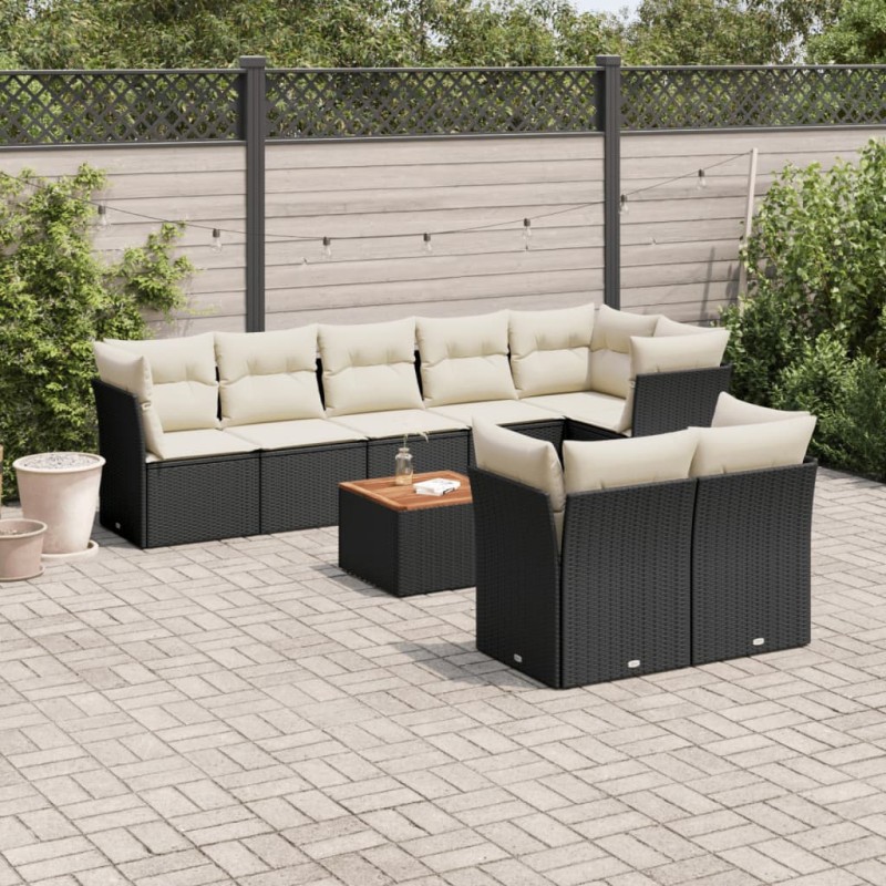 9-tlg. Garten-Sofagarnitur mit Kissen Schwarz Poly Rattan