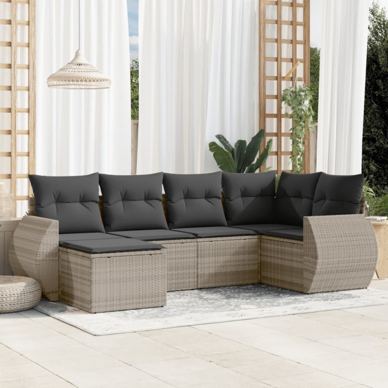 6-tlg. Garten-Sofagarnitur mit Kissen Hellgrau Poly Rattan