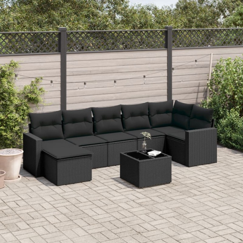 8-tlg. Garten-Sofagarnitur mit Kissen Schwarz Poly Rattan