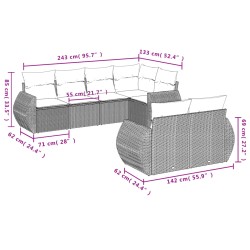 7-tlg. Garten-Sofagarnitur mit Kissen Hellgrau Poly Rattan