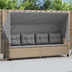 Sonnenliege mit Dach und Kissen Beige Poly Rattan