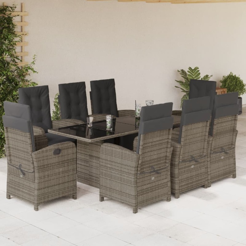 9-tlg. Garten-Essgruppe mit Kissen Grau Poly Rattan