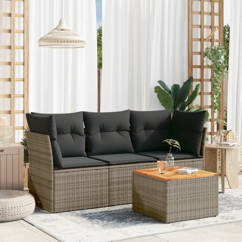 4-tlg. Garten-Sofagarnitur mit Kissen Grau Poly Rattan