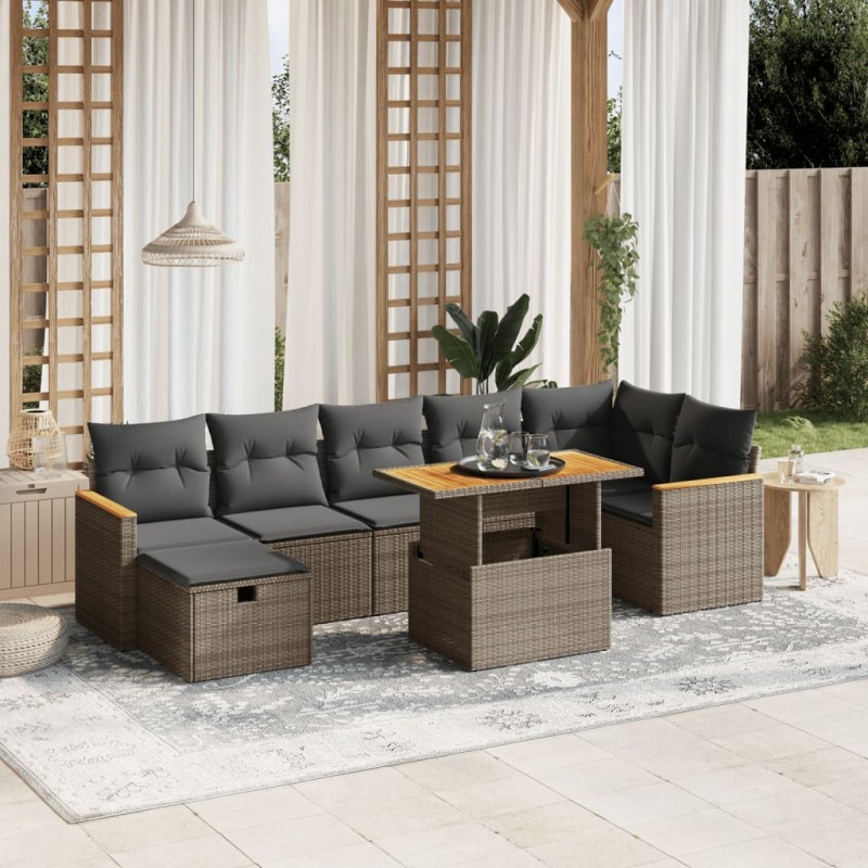 8-tlg. Garten-Sofagarnitur mit Kissen Grau Poly Rattan