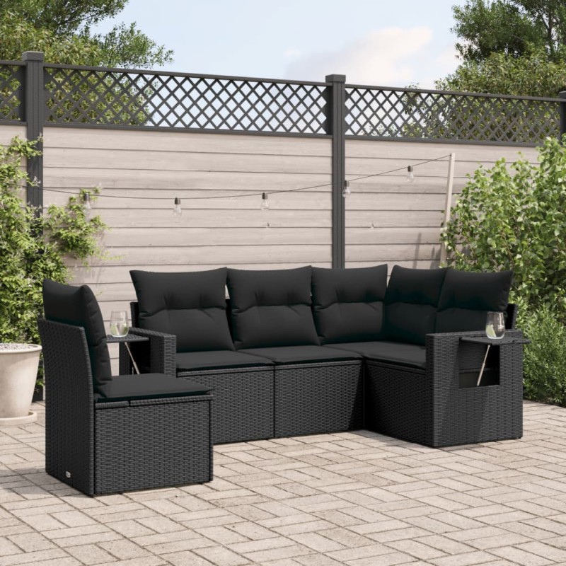 5-tlg. Garten-Sofagarnitur mit Kissen Schwarz Poly Rattan