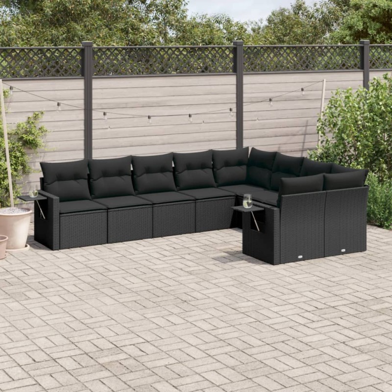 9-tlg. Garten-Sofagarnitur mit Kissen Schwarz Poly Rattan