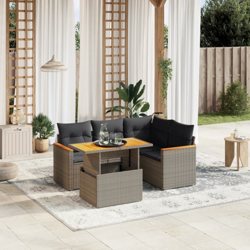 5-tlg. Garten-Sofagarnitur mit Kissen Grau Poly Rattan