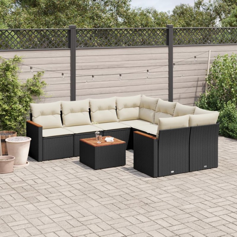 9-tlg. Garten-Sofagarnitur mit Kissen Schwarz Poly Rattan