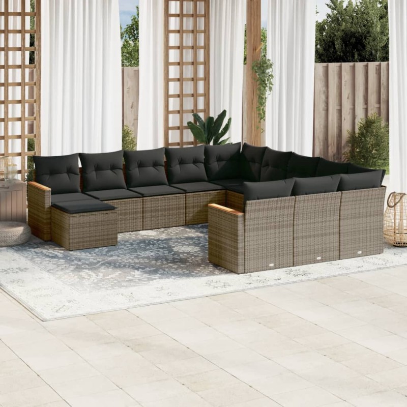 12-tlg. Garten-Sofagarnitur mit Kissen Grau Poly Rattan