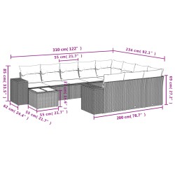 11-tlg. Garten-Sofagarnitur mit Kissen Schwarz Poly Rattan