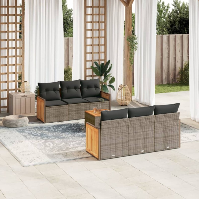 7-tlg. Garten-Sofagarnitur mit Kissen Grau Poly Rattan