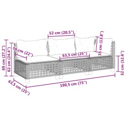 Gartensofa mit Kissen 3-Sitzer Schwarz Poly Rattan