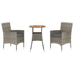 3-tlg. Garten-Bistro-Set mit Kissen Grau Poly Rattan