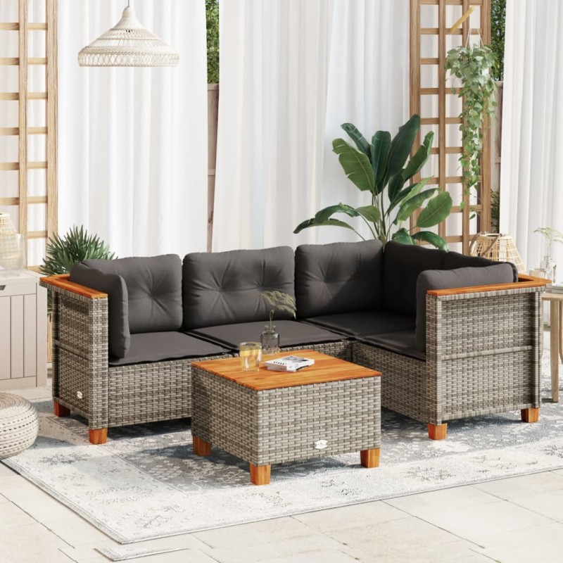 5-tlg. Garten-Sofagarnitur mit Kissen Grau Poly Rattan