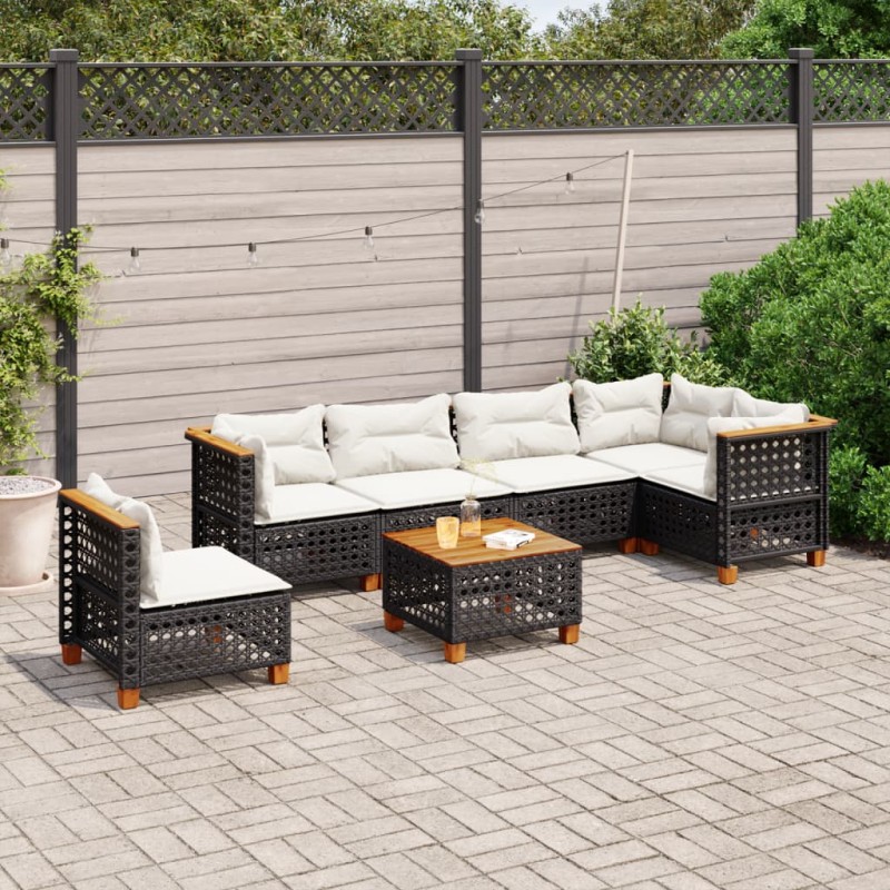 7-tlg. Garten-Sofagarnitur mit Kissen Schwarz Poly Rattan