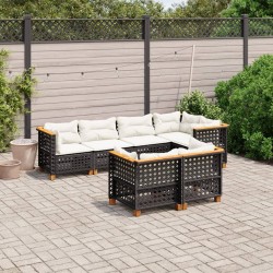 7-tlg. Garten-Sofagarnitur mit Kissen Schwarz Poly Rattan