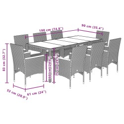 9-tlg. Garten-Essgruppe mit Kissen Schwarz Poly Rattan und Glas