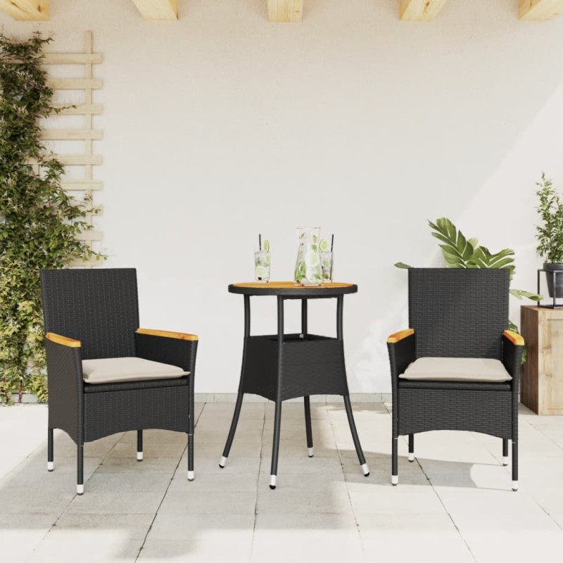 3-tlg. Garten-Essgruppe mit Kissen Schwarz Poly Rattan Akazie