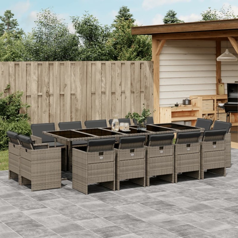 15-tlg. Garten-Essgruppe mit Kissen Grau Poly Rattan