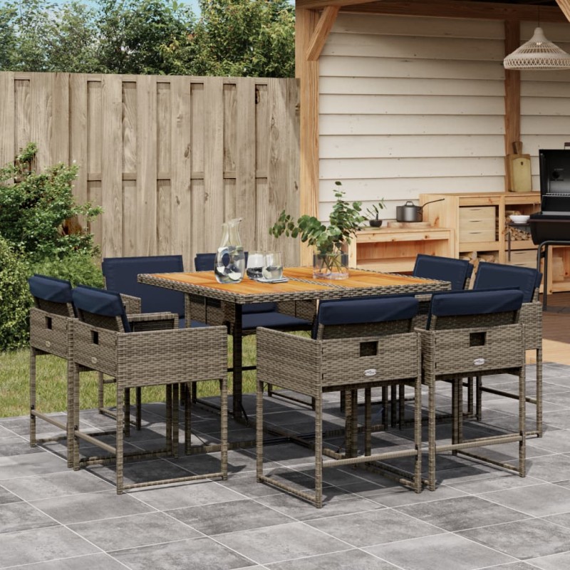 9-tlg. Garten-Essgruppe mit Kissen Grau Poly Rattan